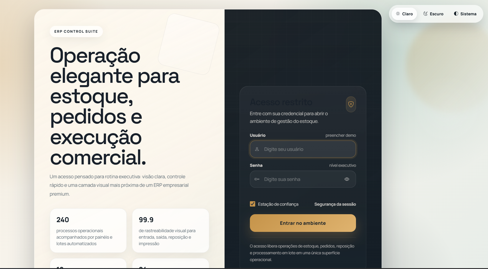 Tela inicial do modulo de estoque do Armarinho Sao Paulo