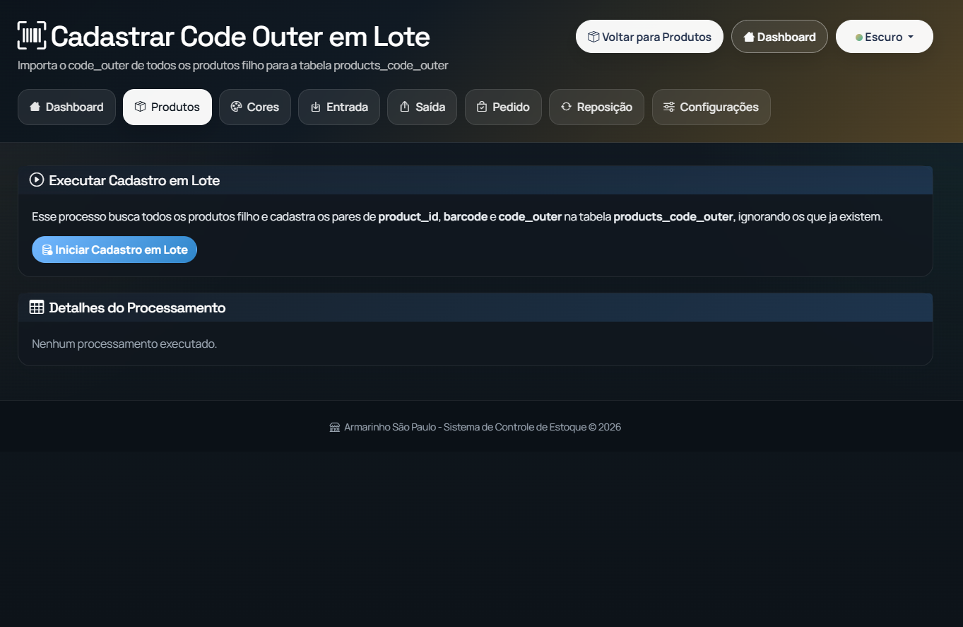 Tela de cadastro em lote de produtos do estoque do Armarinho Sao Paulo
