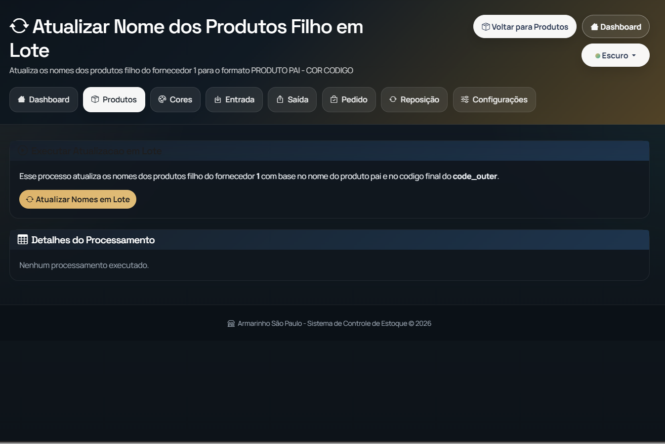 Tela de cadastro em lote de code outer do estoque do Armarinho Sao Paulo