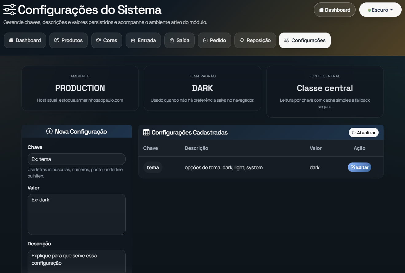Tela de configuracoes do sistema de estoque do Armarinho Sao Paulo