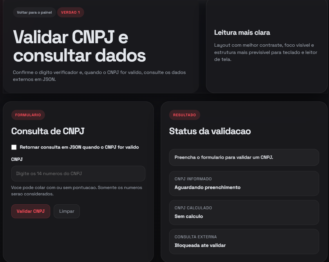 Tela com status de validacao do projeto Validador de CNPJ