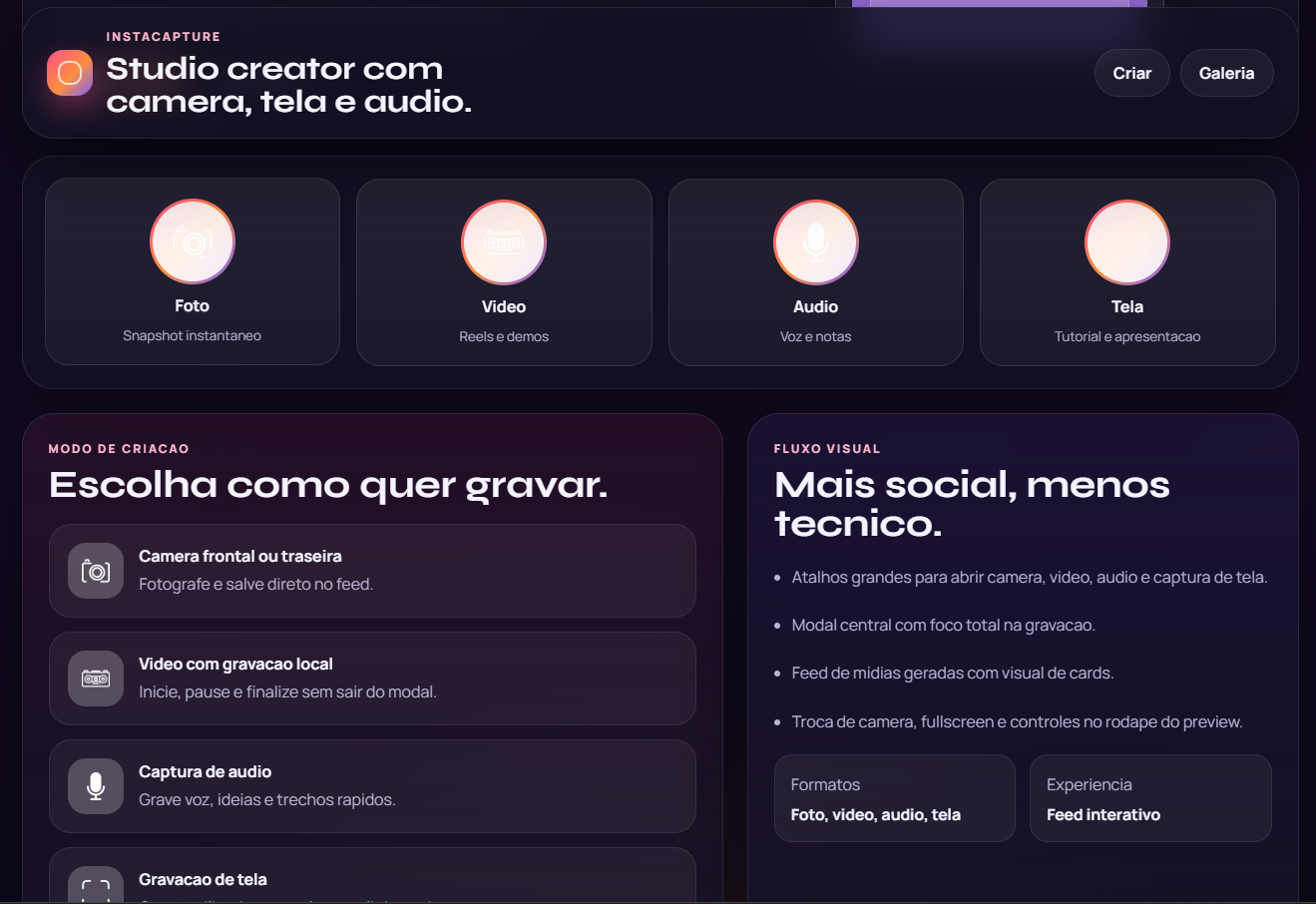 Tela de entrada do projeto InstaCapture Studio