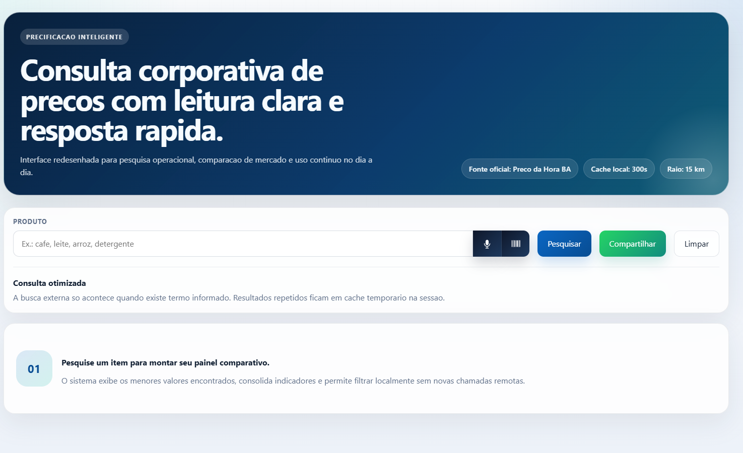 Tela institucional do projeto Preco da Hora