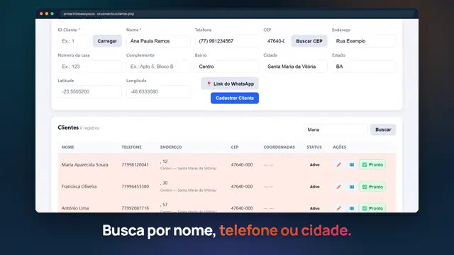 Tela do sistema Clientes e entregas
